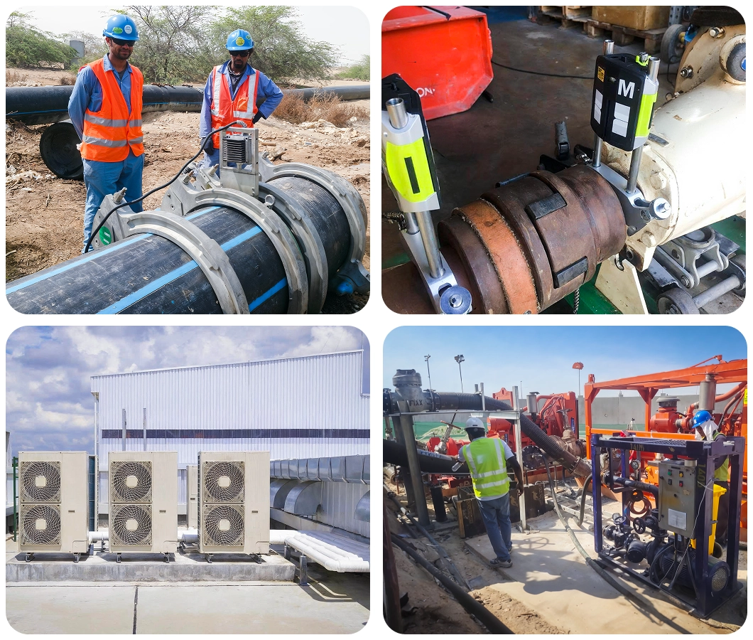 Team working on HDPE pipeline, pump maintenance, HVAC installation, and site operations